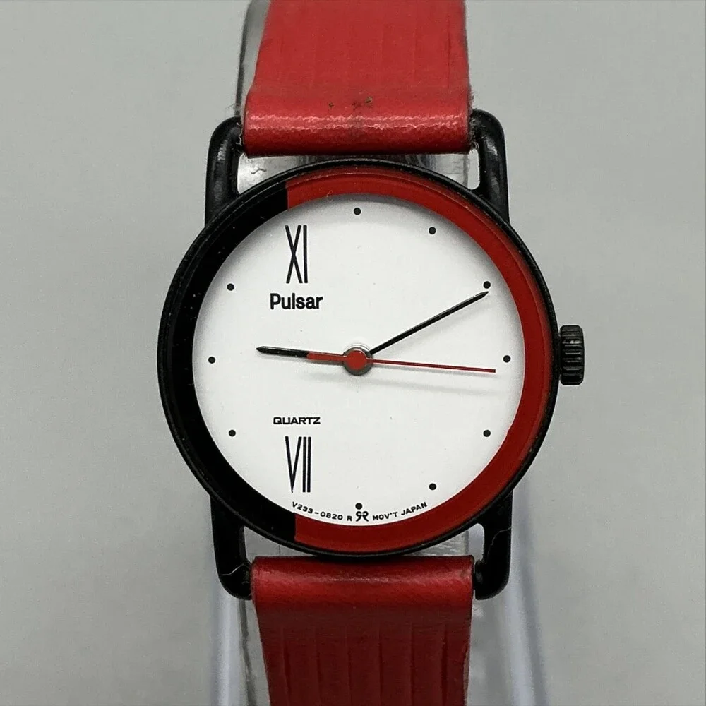 Pulsar V233-0100 Womens Watch 23mm White Dial Red Leather Quartz New Battery